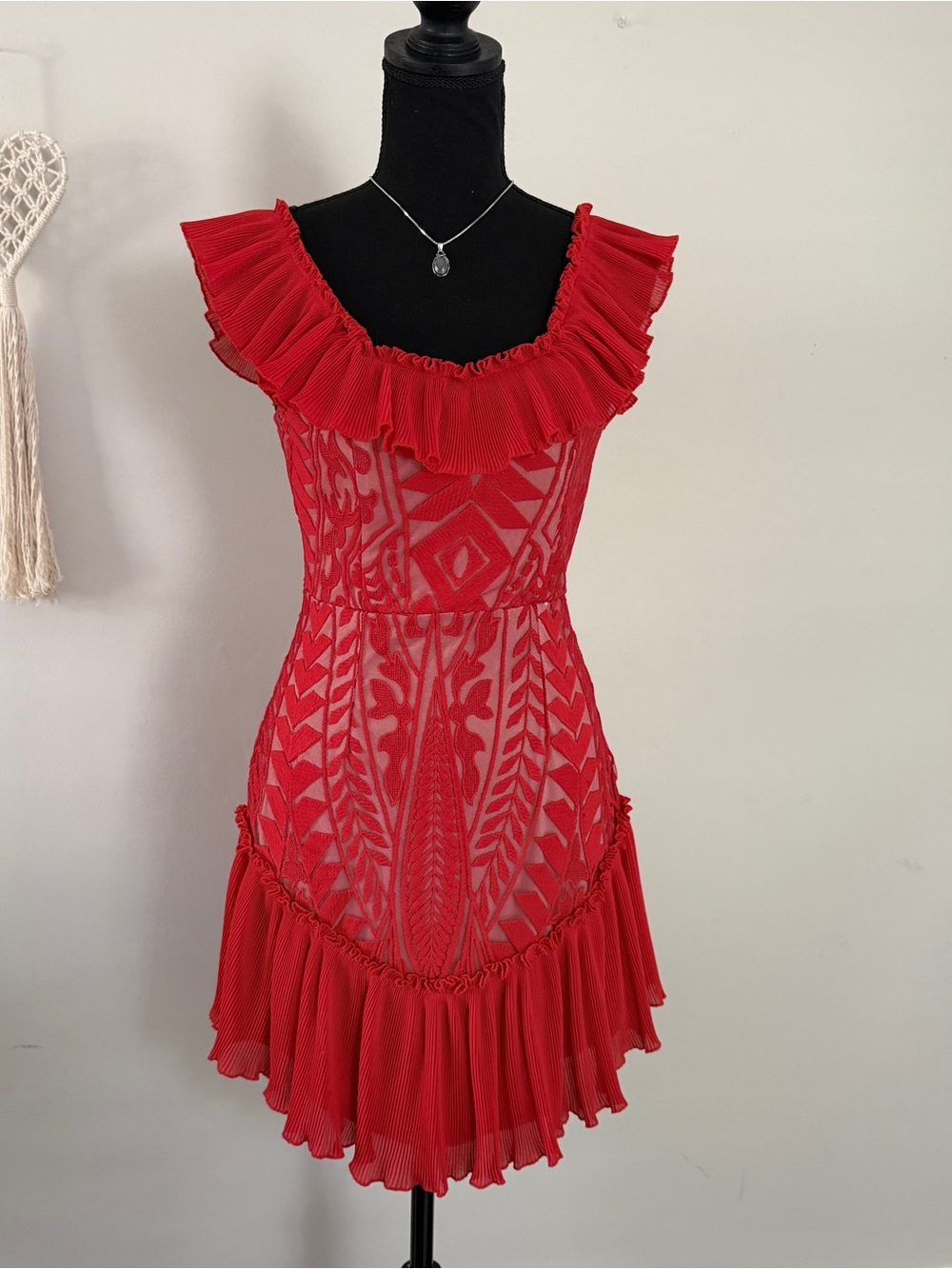 Red Off-Shoulder Ruffled Lace Mini Dress - Picture 2 of 9